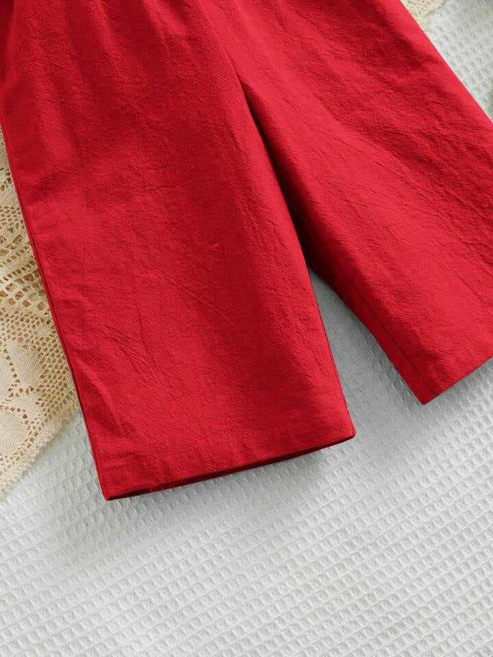 Girls Red Shirred Bodice Romper with Bow