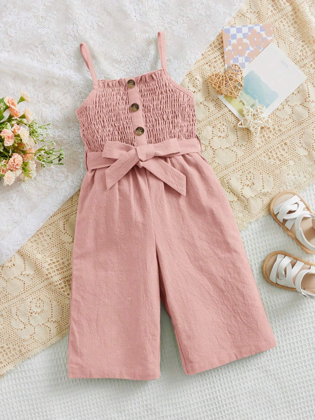 Girls Pink Shirred Bodice Romper with Bow