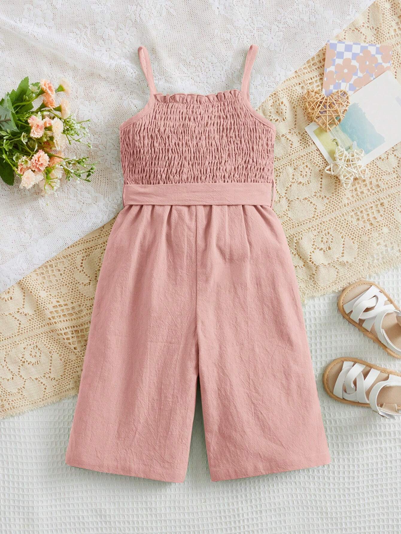 Girls Pink Shirred Bodice Romper with Bow