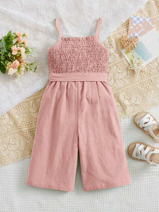 Girls Pink Shirred Bodice Romper with Bow