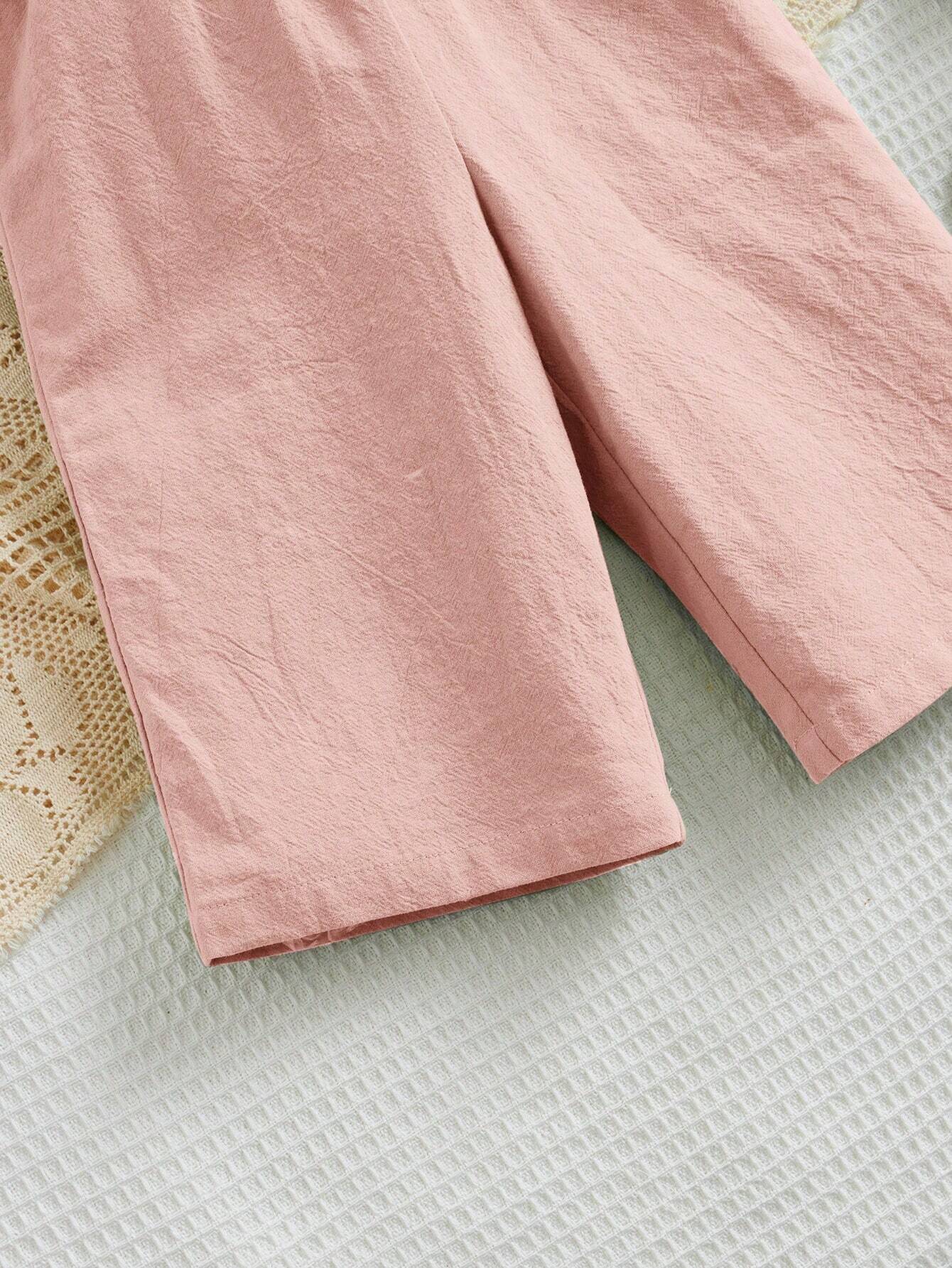 Girls Pink Shirred Bodice Romper with Bow