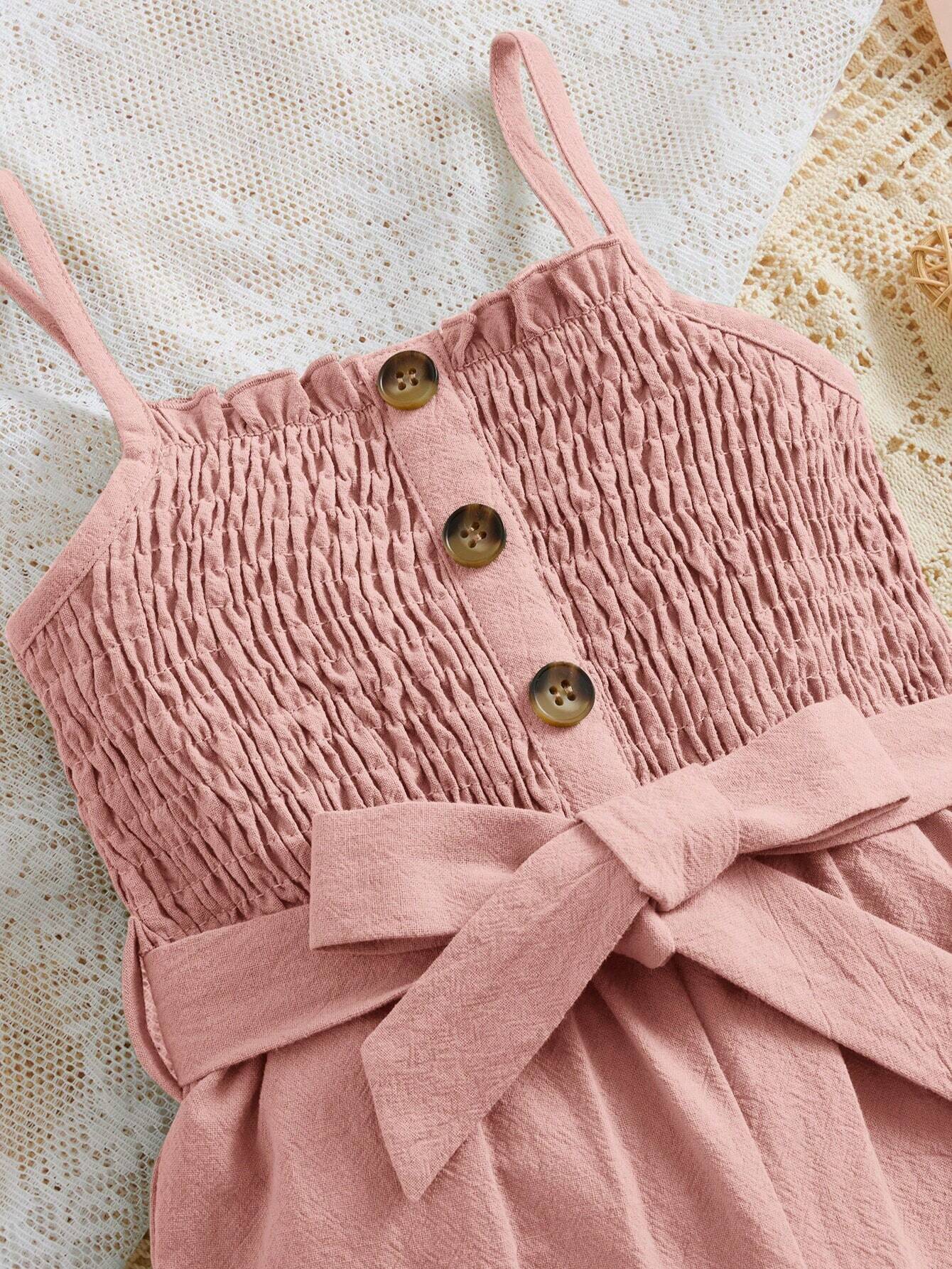 Girls Pink Shirred Bodice Romper with Bow