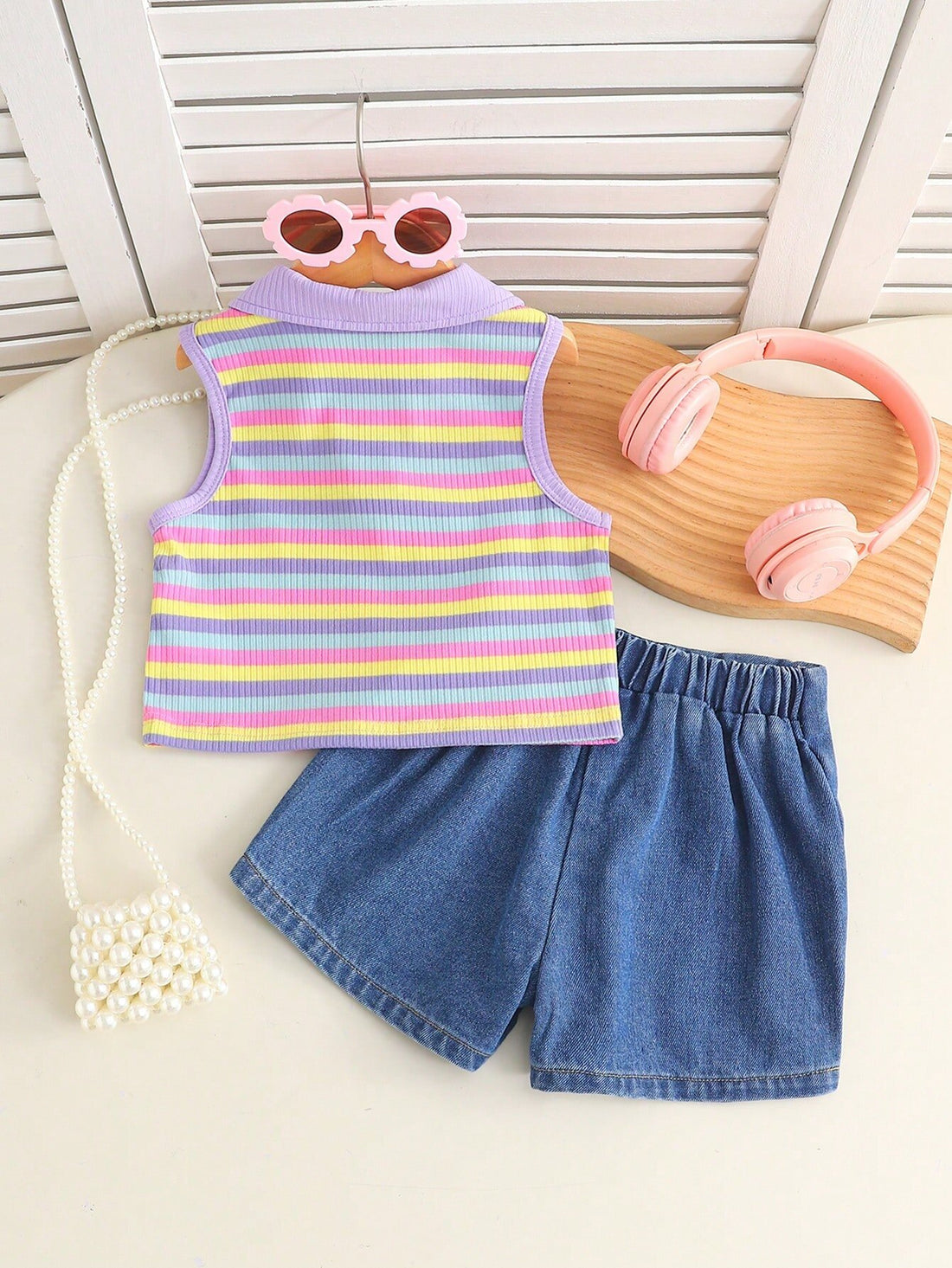 Girls Rainbow Striped Polo Top & Blue Denim Short Set