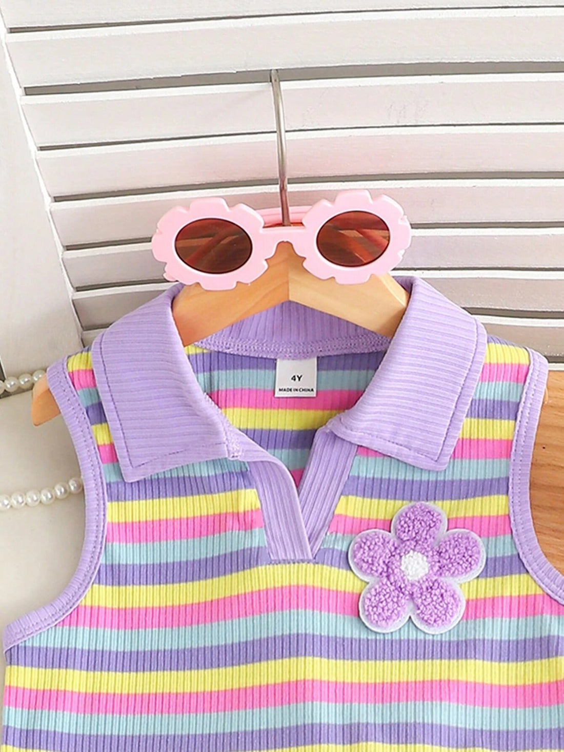 Girls Rainbow Striped Polo Top & Blue Denim Short Set