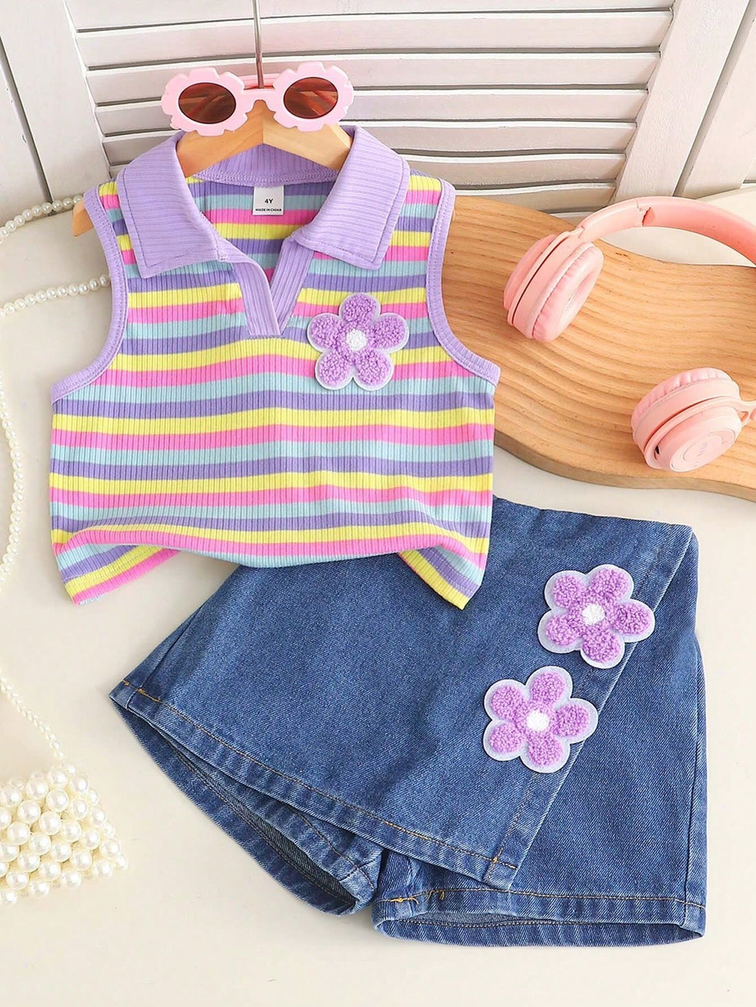 Girls Rainbow Striped Polo Top & Blue Denim Short Set