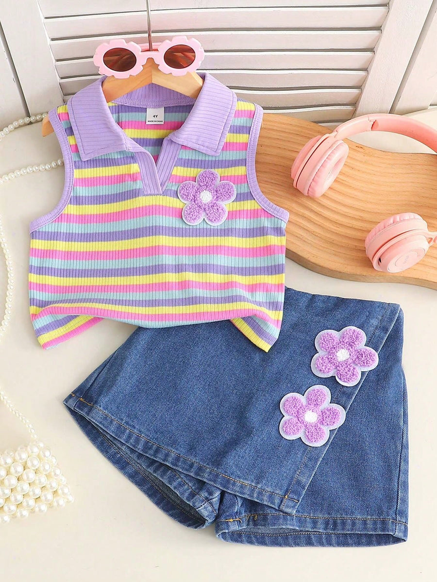 Girls Rainbow Striped Polo Top & Blue Denim Short Set
