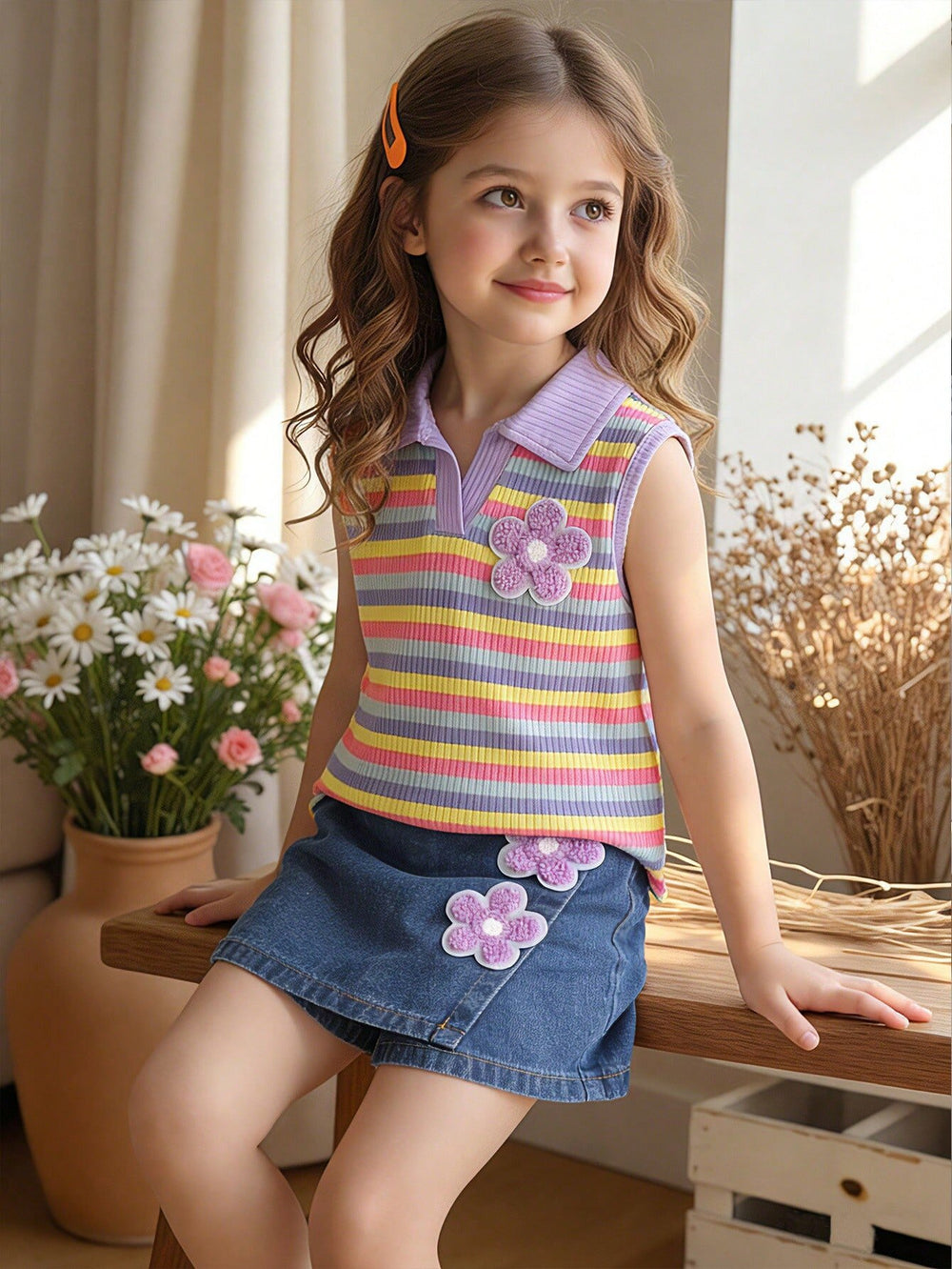 Girls Rainbow Striped Polo Top & Blue Denim Short Set