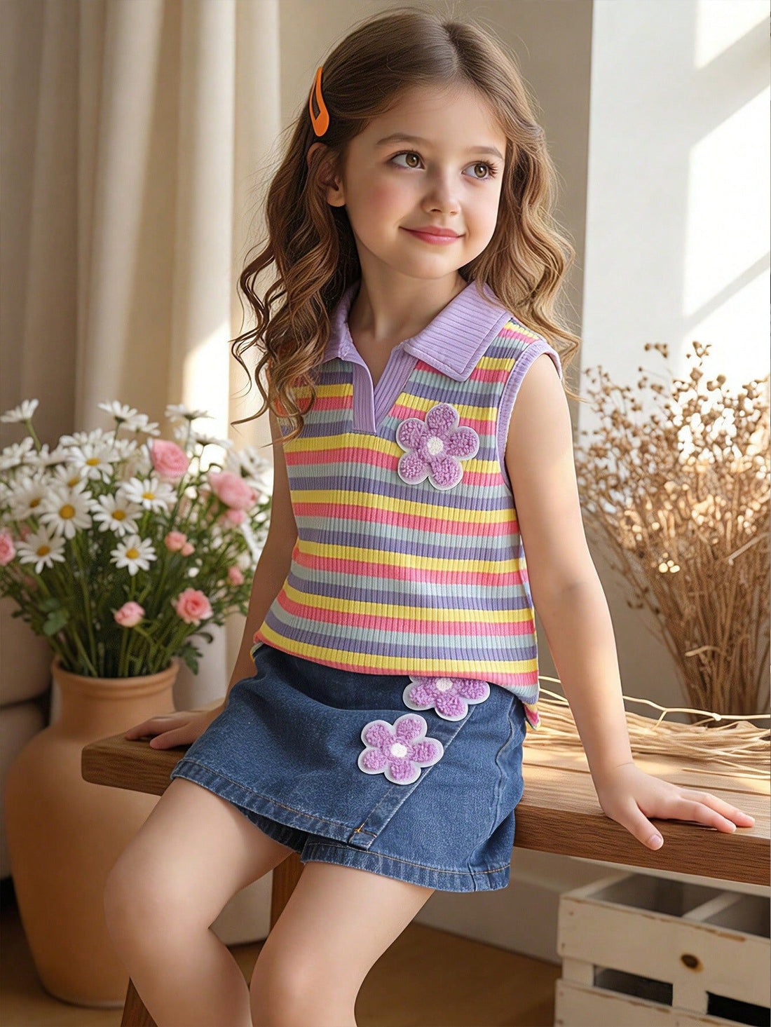 Girls Rainbow Striped Polo Top & Blue Denim Short Set