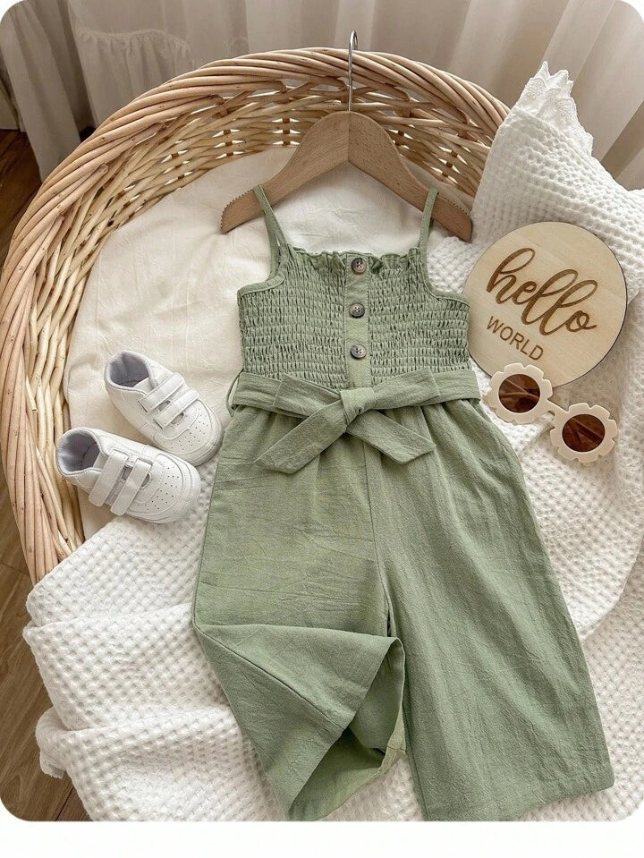 Girls Green Shirred Bodice Romper with Bow