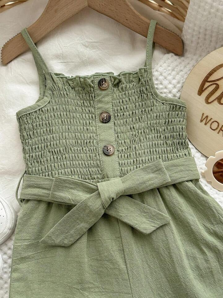 Girls Green Shirred Bodice Romper with Bow