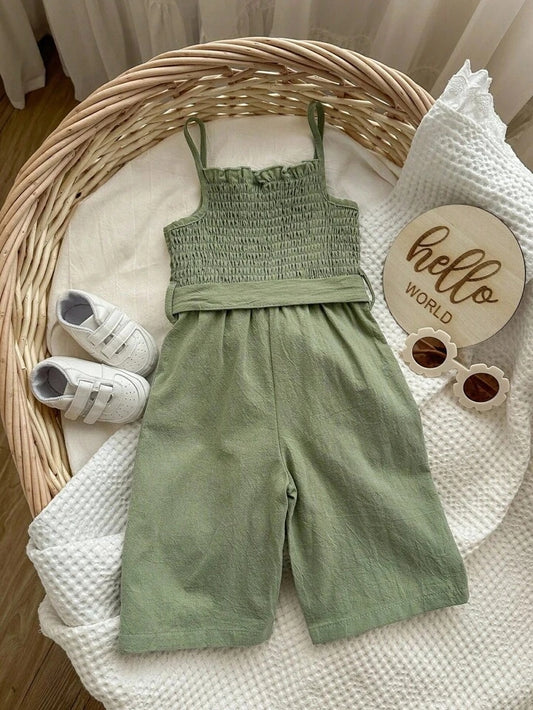 Girls Green Shirred Bodice Romper with Bow