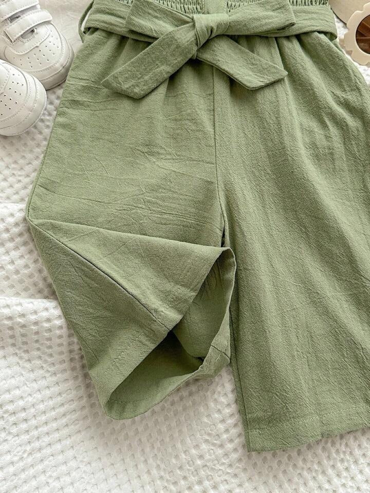 Girls Green Shirred Bodice Romper with Bow