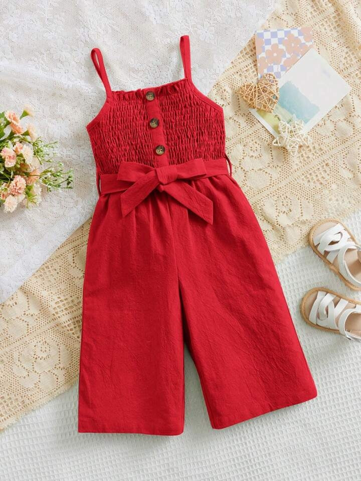 Girls Red Shirred Bodice Romper with Bow