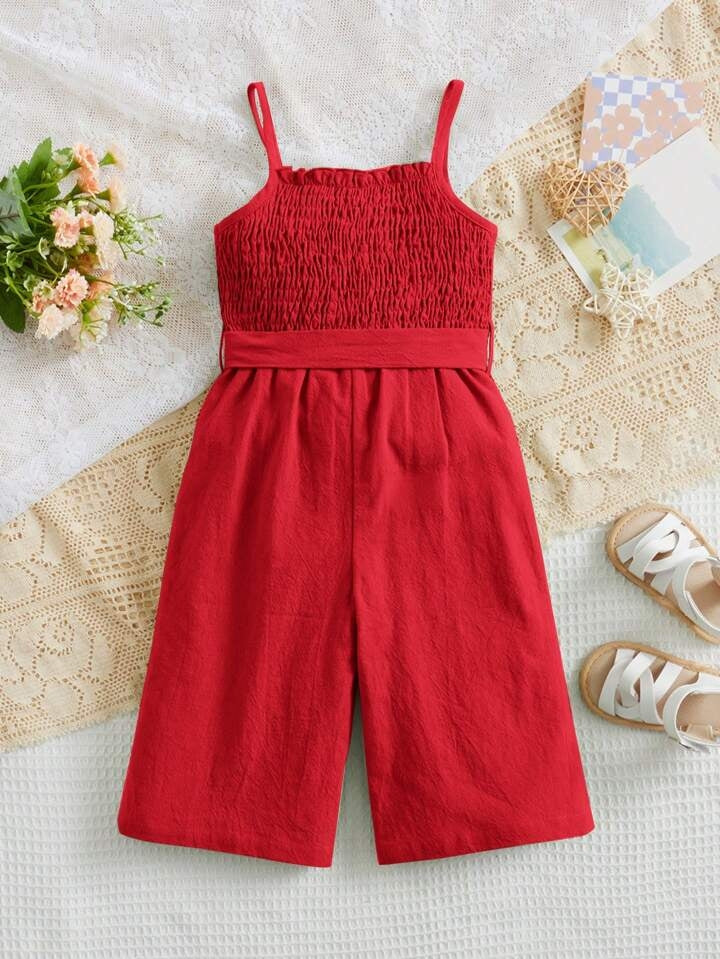 Girls Red Shirred Bodice Romper with Bow