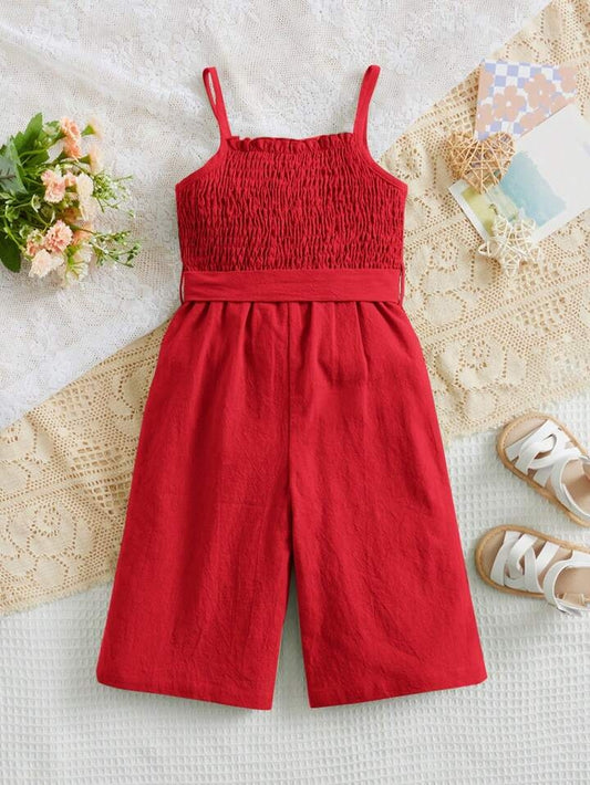 Girls Red Shirred Bodice Romper with Bow