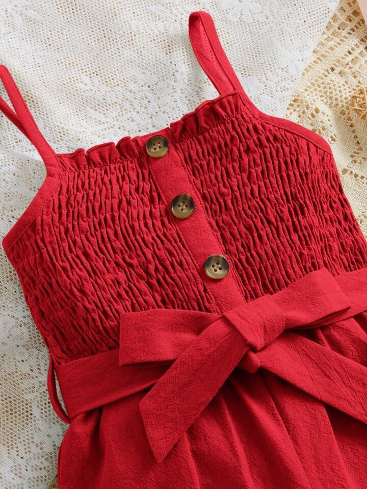 Girls Red Shirred Bodice Romper with Bow