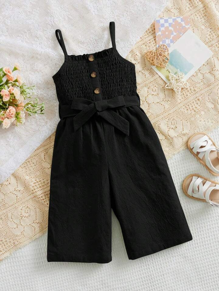 Girls Black Shirred Bodice Romper with Bow