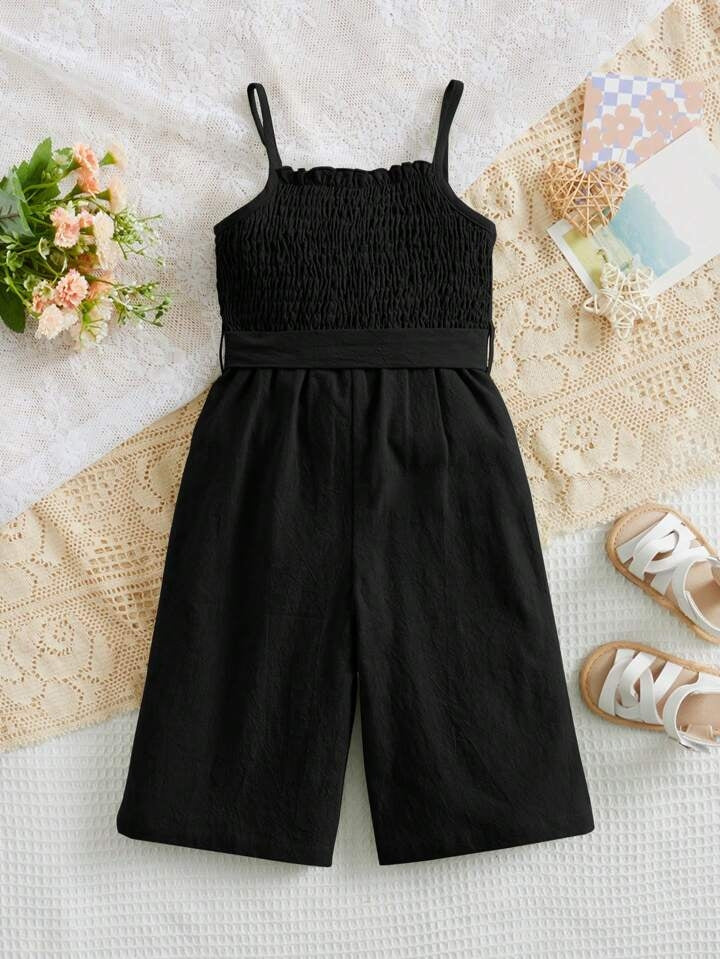 Girls Black Shirred Bodice Romper with Bow