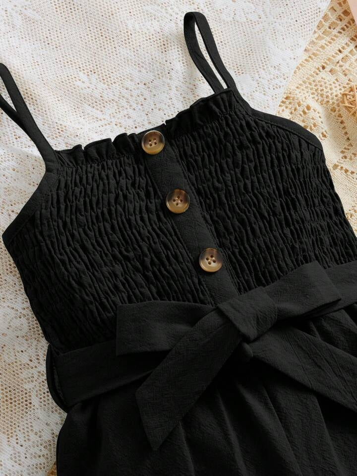 Girls Black Shirred Bodice Romper with Bow