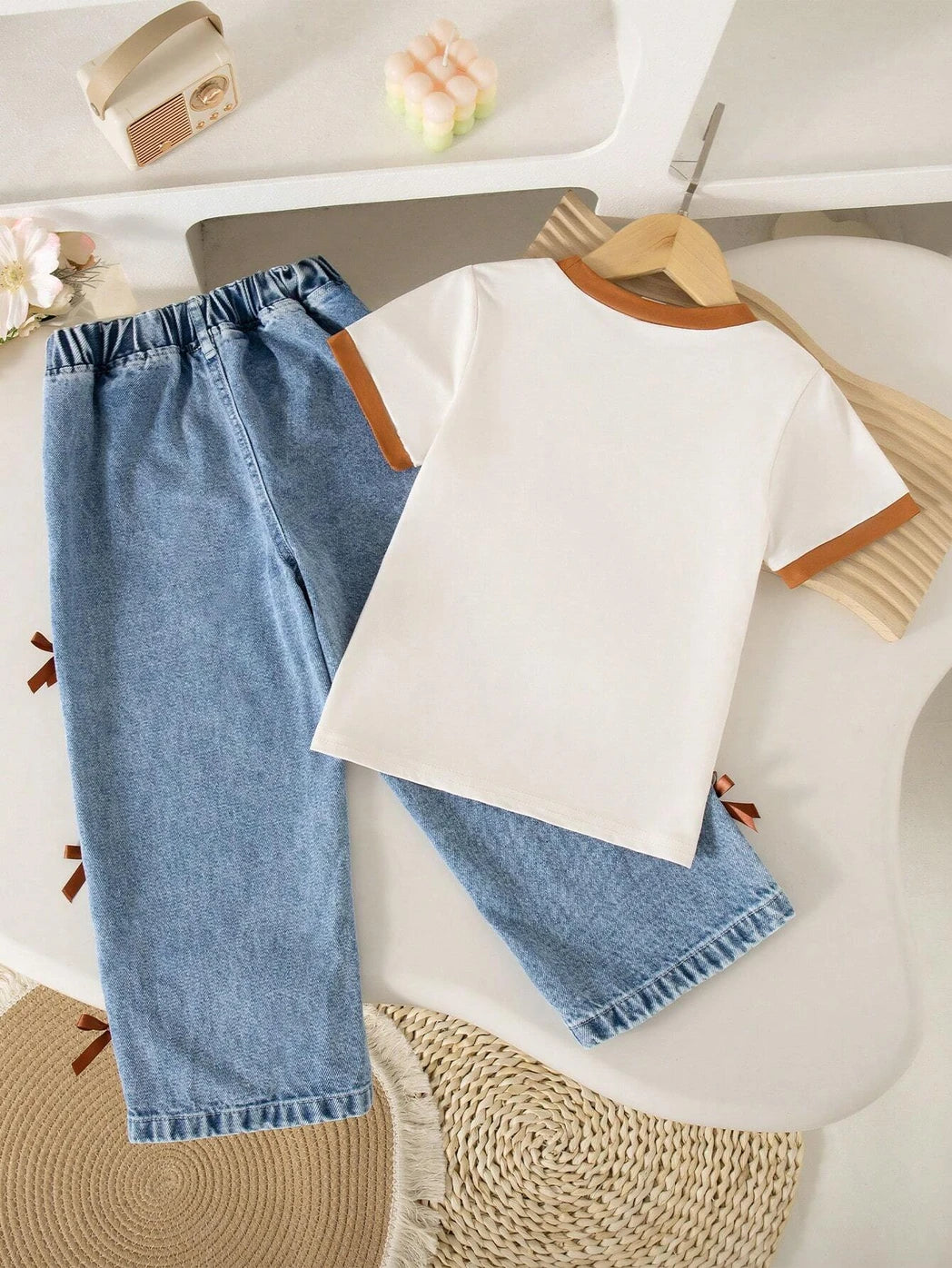 White Printed T-shirt with Denim Pant for Girls