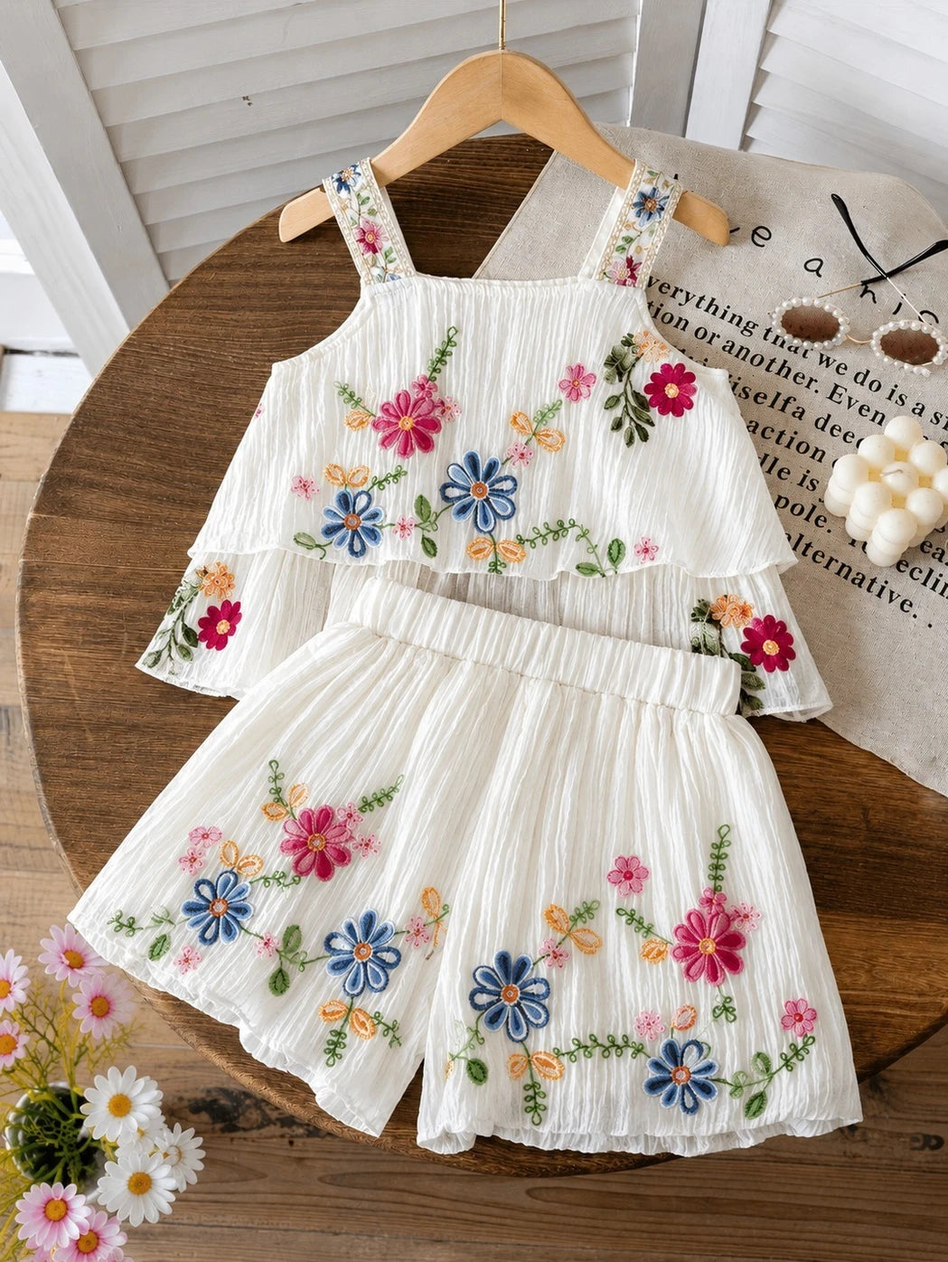 Charming Flower Embroidered Top & Shorts Set