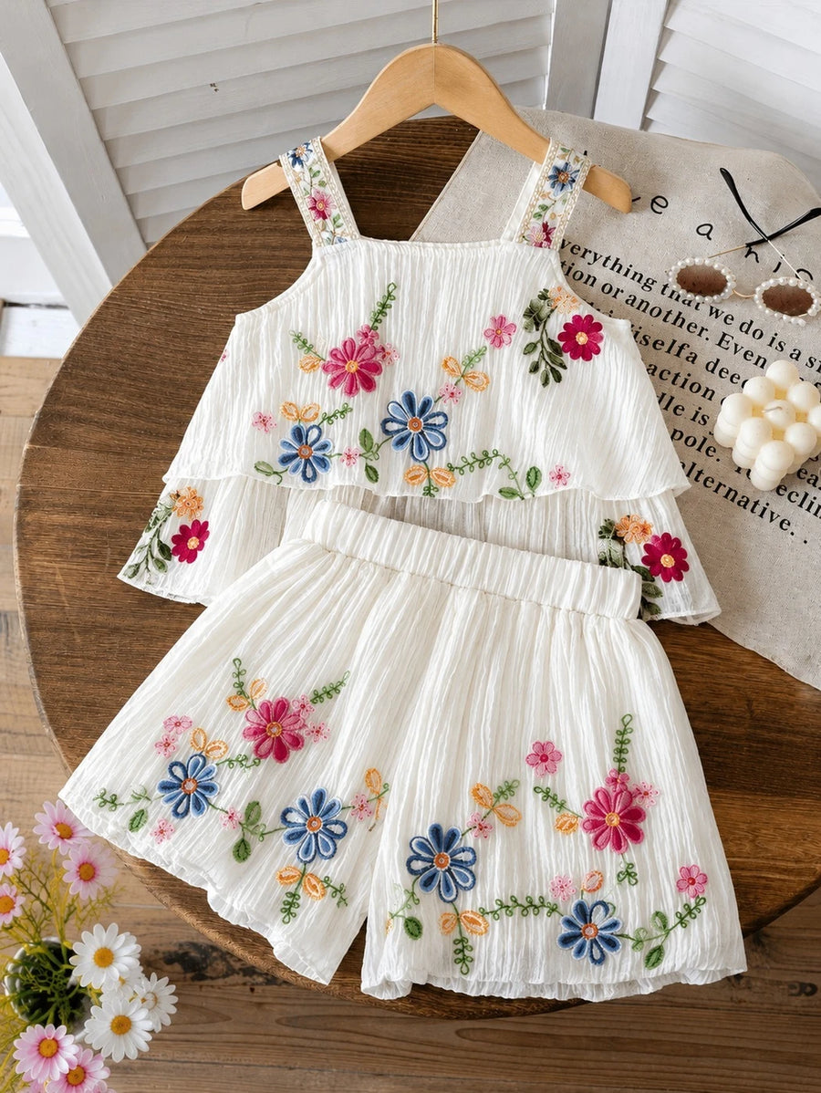 Charming Flower Embroidered Top & Shorts Set