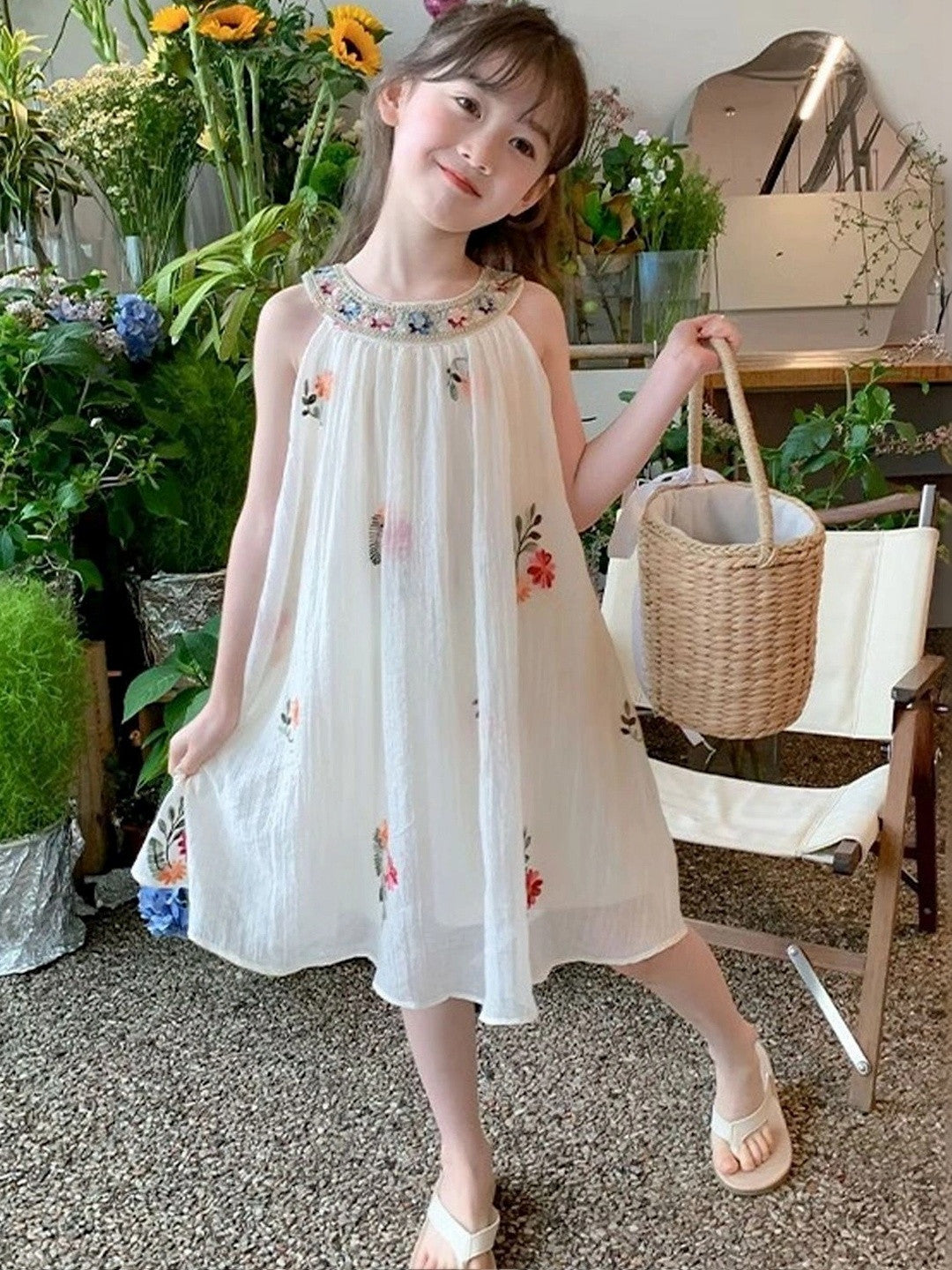 Floral Embroidered White Party Dress