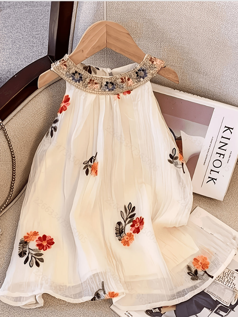 White Party Dress Floral Embroidered
