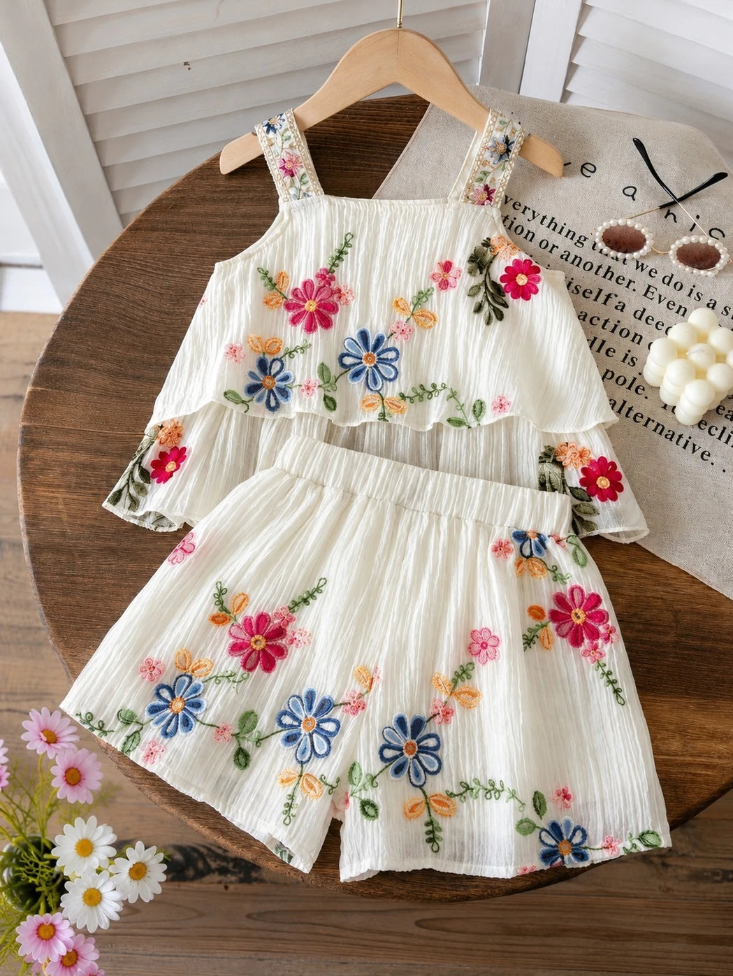 Charming Flower Embroidered Top & Shorts Set