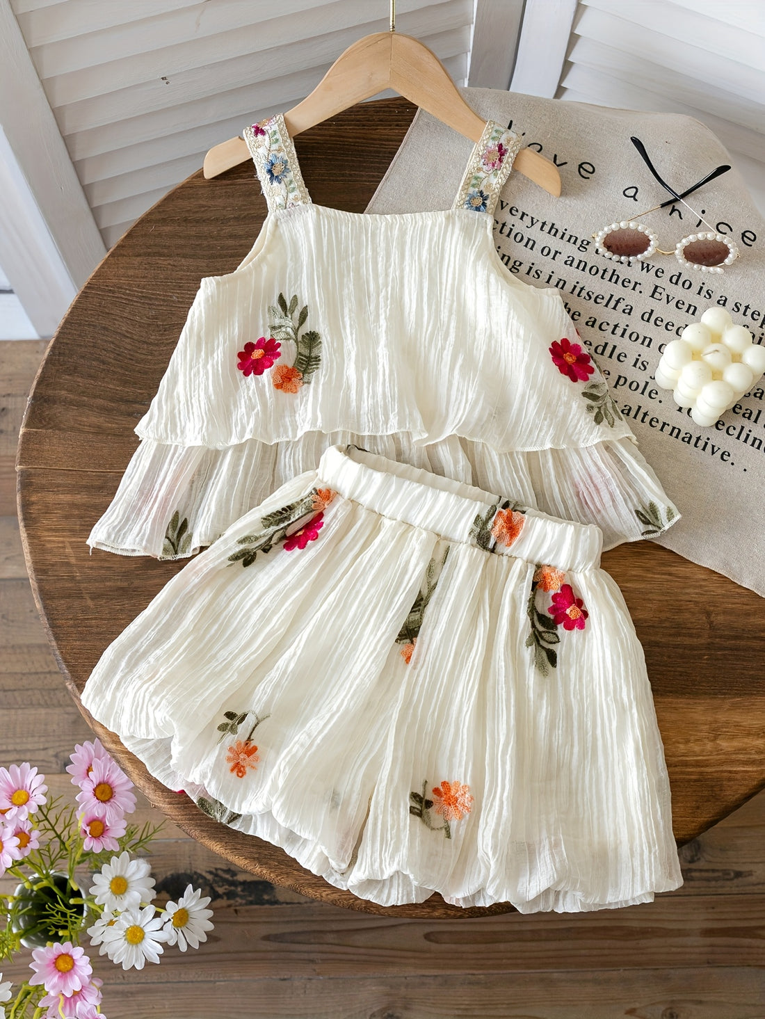 Floral Embroidered Sleeveless Top & Shorts Summer Set
