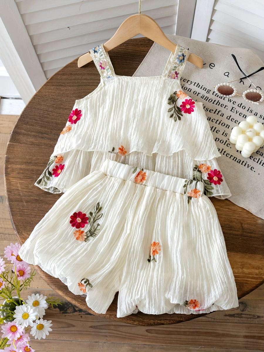 Floral Embroidered Sleeveless Top & Shorts Summer Set