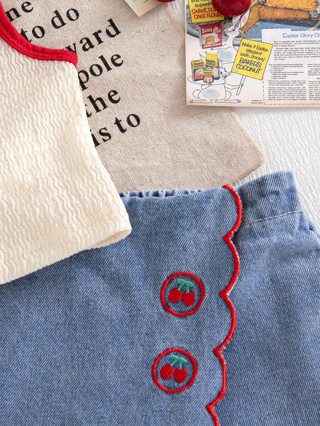 Girls Cherry Embroidered Polo Top & Denim Skort Set