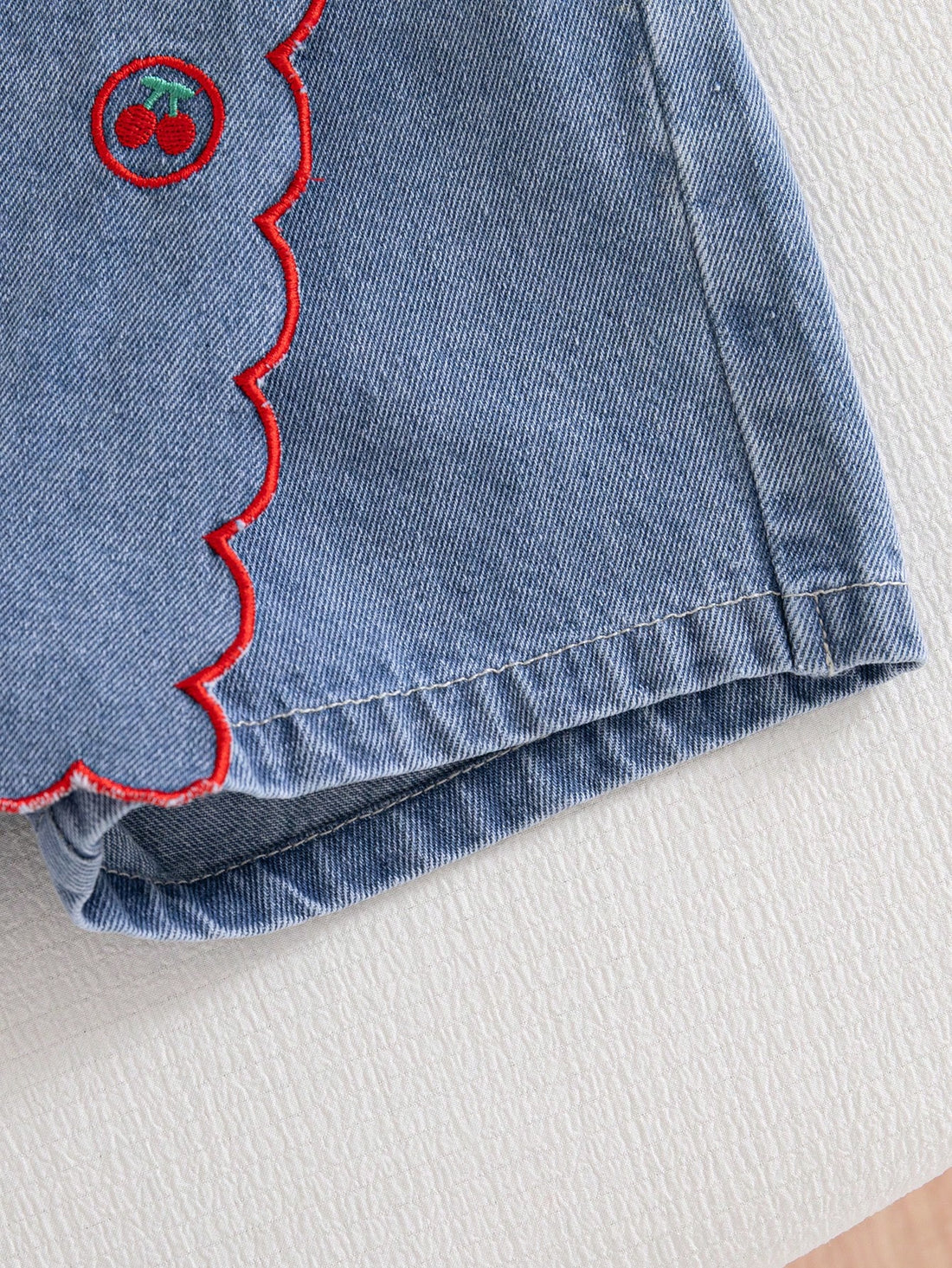 Girls Cherry Embroidered Polo Top & Denim Skort Set