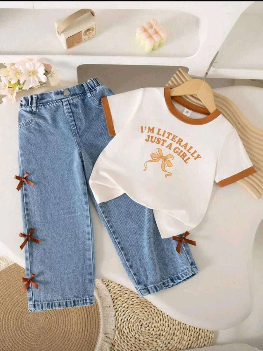 White Printed T-shirt with Denim Pant for Girls