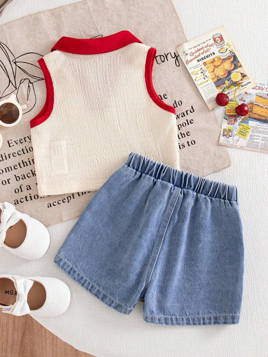 Girls Cherry Embroidered Polo Top & Denim Skort Set