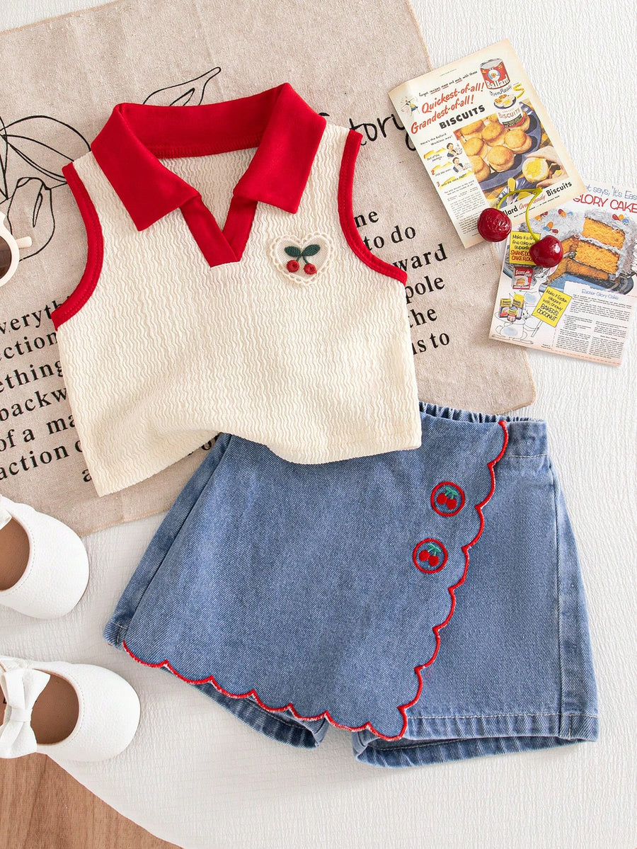 Girls Cherry Embroidered Polo Top & Denim Skort Set